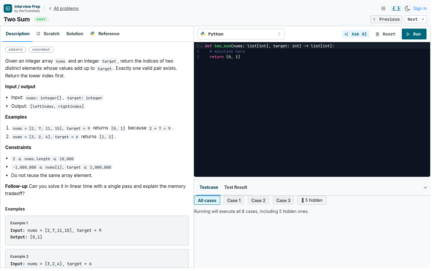 The DevToolsDaily problem editor for Two Sum showing the Python starter code, test cases, and an Ask AI button